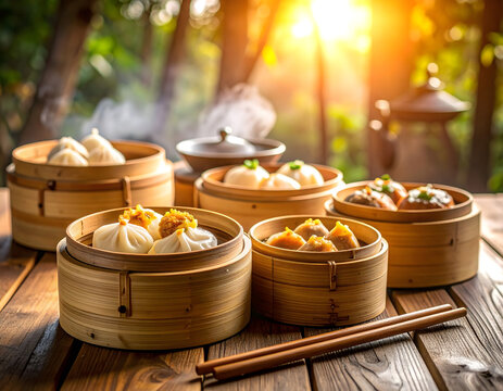 Ultra-realistic steamed dim sum (siu mai, har gow, baozi) inside open bamboo baskets.