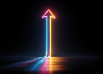 Neon arrow pointing upward against dark background