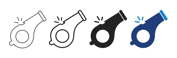 Whistle icons set. Editable stroke sport referee whistle symbols. Collection of black, outline and flat style vector illustration