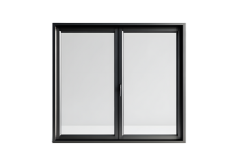 Sleek Modern Matte Black Aluminum Window Frame with Clear Glass and Brushed Steel Handles on transparent Background , Minimalist Architectural Product Photo