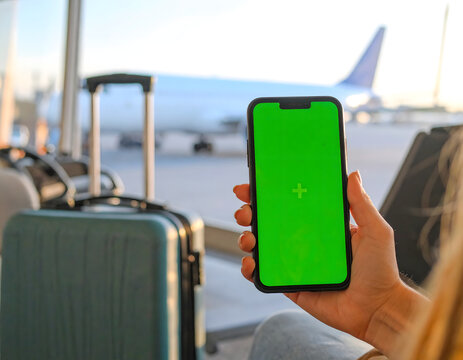 Traveler sitting alone in modern airport terminal, holding smartphone with green screen.