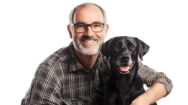 Professional Studio Portrait of Mature Man and Dog Isolated on White Background
