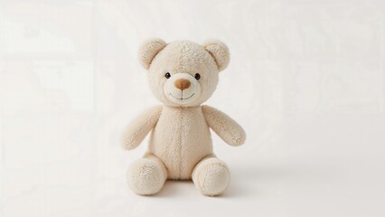 Cute soft beige teddy bear plush toy sitting on white background