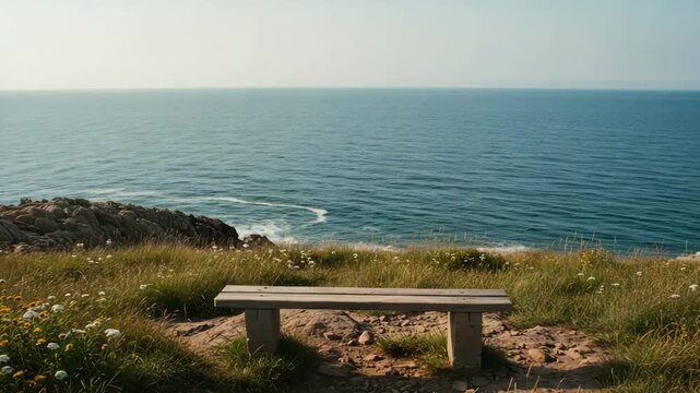 Scenic wooden bench overlooking calm ocean waves on sunny day  