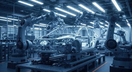 Fototapeta premium Automated robotic arms assembling car bodies in a cutting edge factory highlight the integration of advanced automation and innovative manufacturing processes within the automotive industry