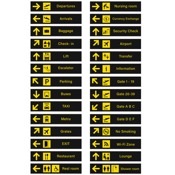 Airport Sign Set. Airport sign departure arrival travel icon. Vector airport board airline sign gate flight information stock illustration