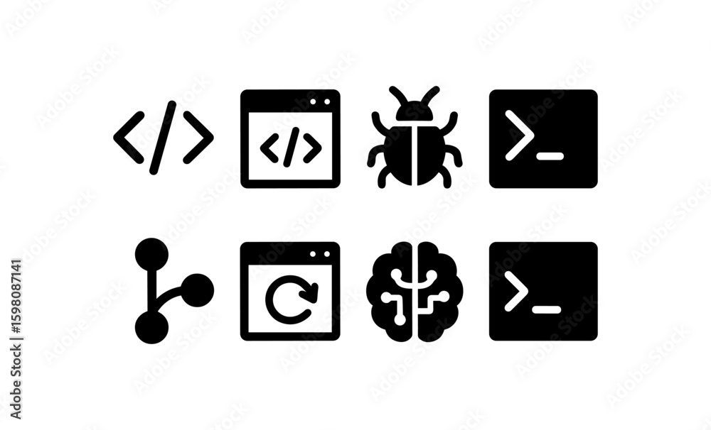 Poster minimalist black icon set representing coding and technology elements in modern design