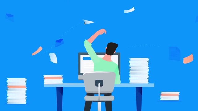 Animated explainer video of man overwhelmed by paperwork at computer desk, office stress, flat design, productivity chaos