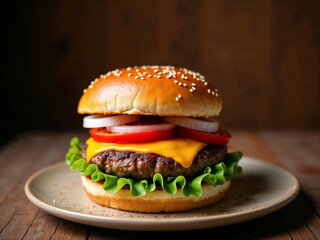 Cheeseburger with lettuce, tomato and onion over wooden board