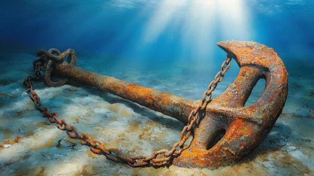 Rusty underwater anchor resting on ocean floor with sun rays shining through clear water surface 4k video footage