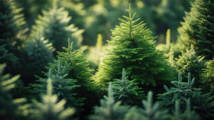 Fototapeta premium Dense evergreen trees in a forest with sunlight filtering through. Nature, landscape, and forest scenery. The greenery and tranquility of the woods.