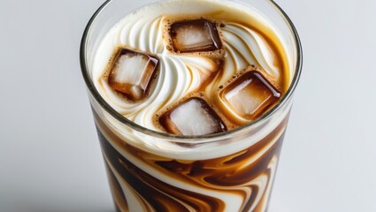 A cold coffee drink with ice cubes and swirled milk or cream in a glass.