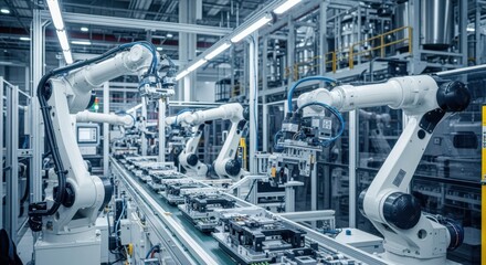 Modern industrial factory using automated robotic arms working on an assembly line, performing repetitive tasks and assembling electronic components with precision and efficiency