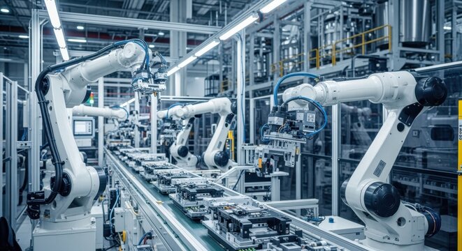 Modern industrial factory using automated robotic arms working on an assembly line, performing repetitive tasks and assembling electronic components with precision and efficiency
