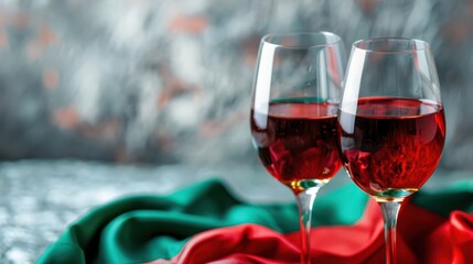 Celebration of bulgaria independence day with wine and national flag colors. Horizontal banner. Copy space. Two glasses of red wine and flag of Bulgaria