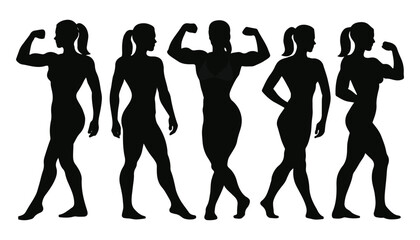 Female Bodybuilder Silhouette Icon Set with Strong Athletic Poses and Muscular Shapes

