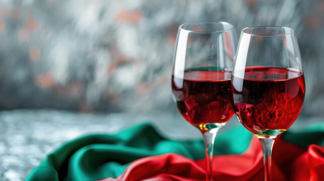 Celebration of bulgaria independence day with wine and national flag colors. Horizontal banner. Copy space. Two glasses of red wine and flag of Bulgaria