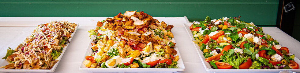 Meat and salad dishes. Plates of various salads. Non vegetarian food banner. Top view. Panorama, banner