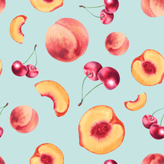 Peach fruits and cherry berries. Seamless pattern. Watercolor illustration on a blue background, hand-painted. Juicy tropical fruits. A clipart for printing on fabric, creating a booklet.