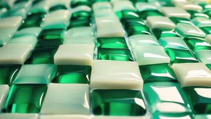 Fototapeta premium Close-up of green and white glass tiles arranged in a mosaic pattern.