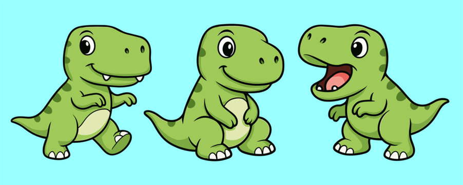 Group of cartoon cute green mascot dinosaur