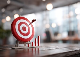 A red target with arrow hitting the bullseye, atop a small wooden easel, sits on a wooden table.  Business growth charts are next to it.  Blurred background of a modern office