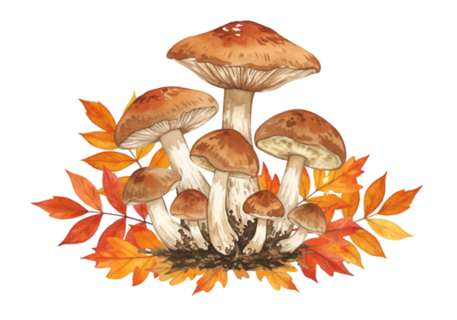 Illustration of Mushrooms with Autumn Leaves on Transparent Background