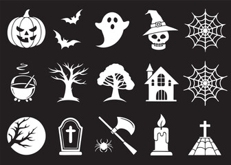 Silhouette Horror Halloween Icons Set on White Background  Spooky Vector Elements

