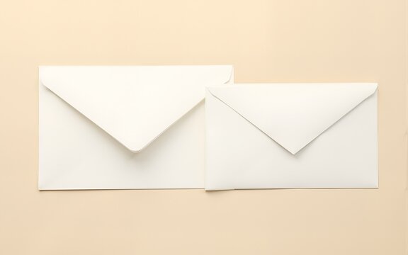 Three blank envelopes of varying sizes and shades of white/cream are arranged on a neutral beige background, creating a minimalist and clean aesthetic. High quality