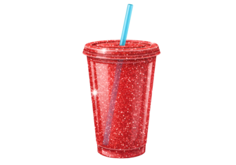 Illustration of Red Glitter Cup With Blue Straw on Transparent Background