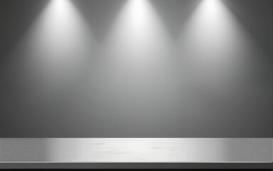 Silver steel countertop, empty shelf, realistic mockup of table top, kitchen counter on gray background with spot light, Bar desk surface in foreground. High quality