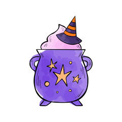 Ink and watercolor drawing of Witch's cauldron mug for Halloween sticker, menu, card, or scrapbook. Vector illustration of party drink with whipped cream with hat isolated on white background. 