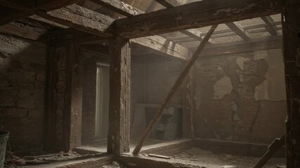 Interior of an old, derelict house under renovation. Exposed wooden beams and dusty atmosphere.