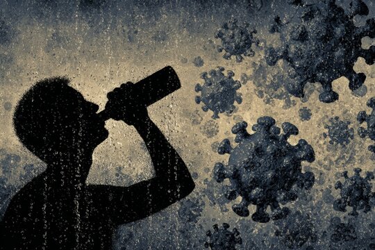 Silhouette of person drinking water with arv molecule backdrop. Aquatic impact. Alarming arv levels detected in water near treatment plants. Wastewater impact. Chemical traces.