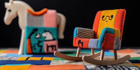 Fototapeta premium Multicolored Knit Rocking Chair with Horse and Blanket Background