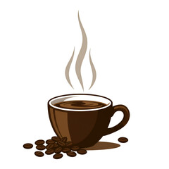 Obraz premium Illustration of Steaming Coffee Cup with Coffee Beans