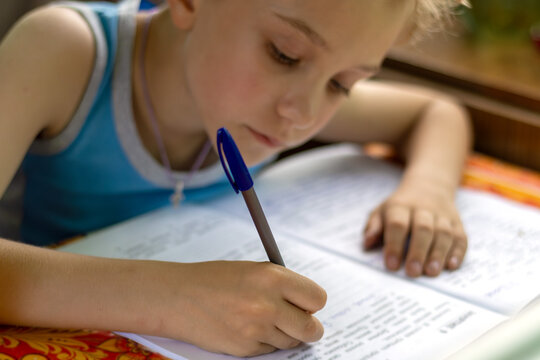 Schoolboy concentrates on doing his homework during vacation on summer cottage terrace.