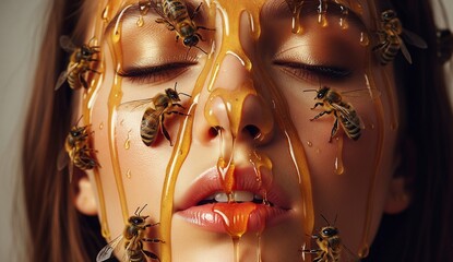 Woman with closed eyes up close with honey dripping from her cheeks, forehead and nose. Honey bees are walking over her face