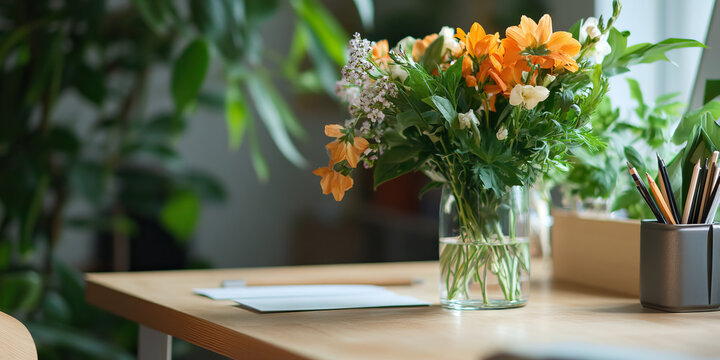 Orange and White Flower Arrangement on Wooden Desk with Stationery