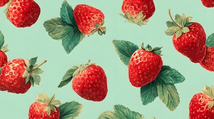 Fresh Red Strawberries with Green Leaves on Soft Blue Background
