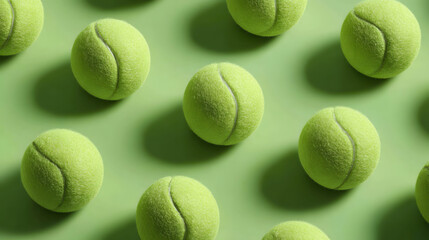 Bright green tennis balls are neatly arranged on a smooth green surface, showcasing their texture and alignment