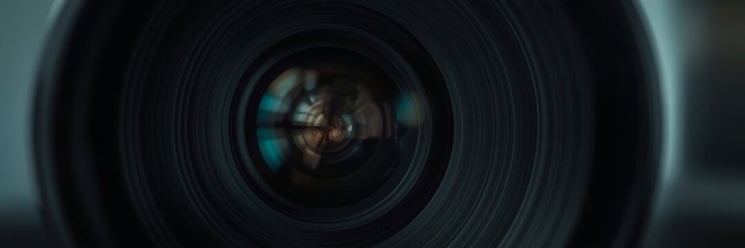 Close-up of a professional camera lens with detailed reflections and lens elements. Ideal for photography, video, media, and creative technology themes.
