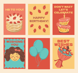Happy Birthday Greeting Cards in Retro Cartoon Style. Celebration posters with cakes, flowers and sweets. Vector bright template for party, event