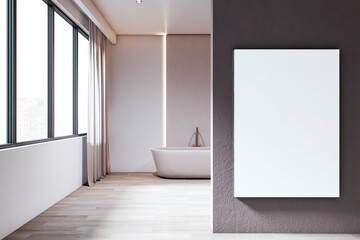 Vertical poster mockup in luxury modern bathroom with bathtub, large windows and soft curtains on light wooden floor background wall. 3D Rendering