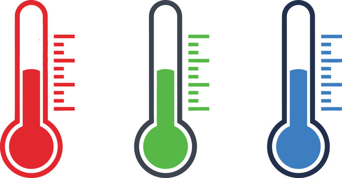 Thermometer Icon Set &ndash; High, Moderate, and Low Temperature Symbols in Red, Green, Blue for UI Status, Climate, and Health Design