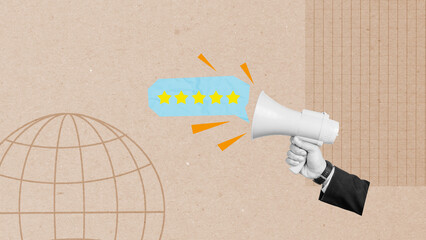 Businessman holding a megaphone showing a speech bubble with five star rating. Concept of positive...