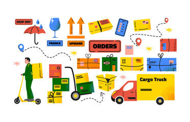 Delivery and shipping stickers, cardboard boxes and parcels in cartoon style. Set of vector illustrations of moving goods and deliveries. Groovy hand-drawn stickers.