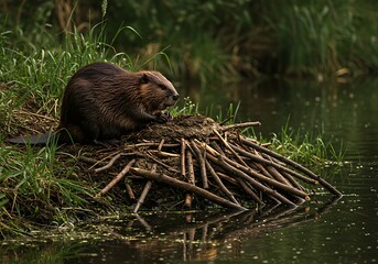 A beaver sitting on a dam near the water edge