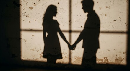 Silhouette of a couple holding hands, cast by light through a window, on a textured wall.