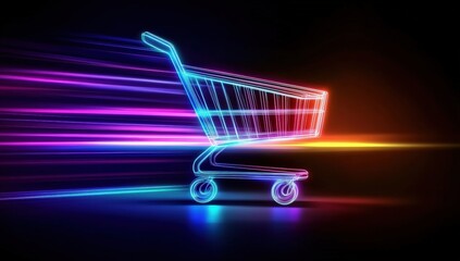 A futuristic neon shopping cart with dynamic light trails on a dark background, symbolizing fast and modern online shopping or e-commerce.